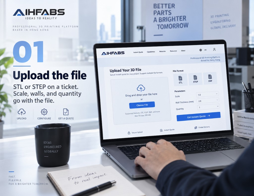 Laptop quote form for uploading a 3D file in STL, STEP, or 3MF