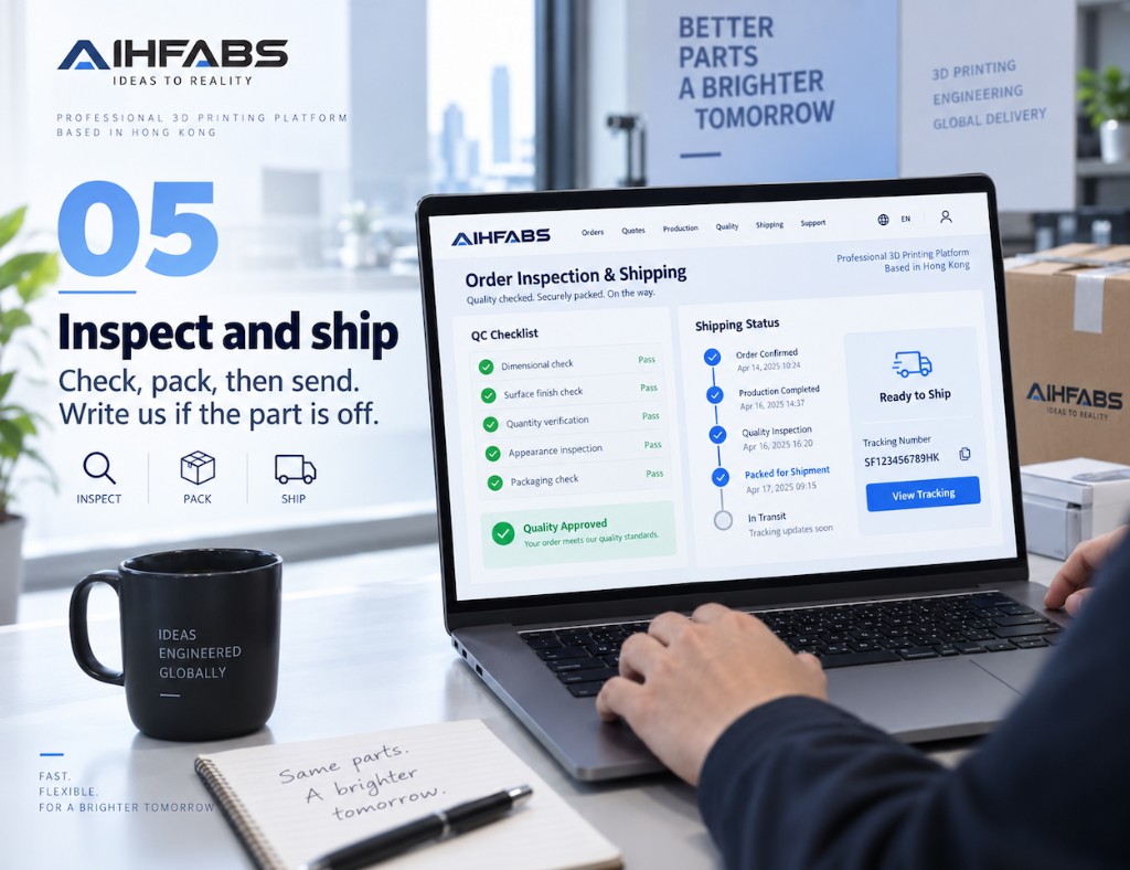 Laptop inspection and shipping status next to a packed AIHFABS box