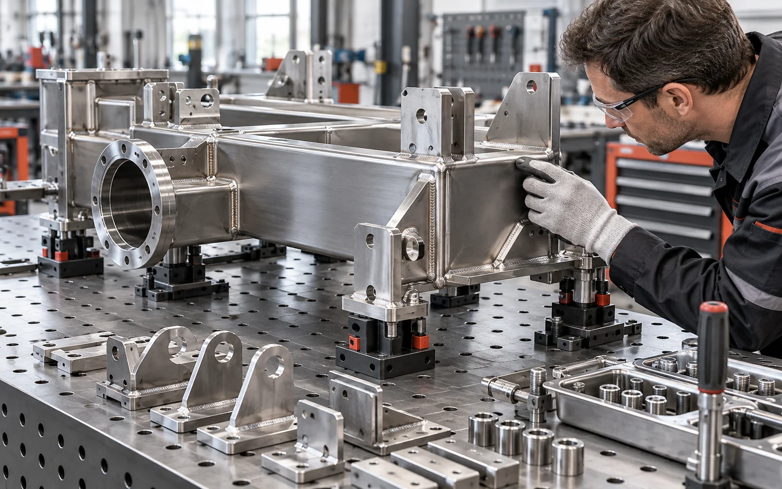 Technician inspecting a welded stainless steel subassembly on a precision fixture table