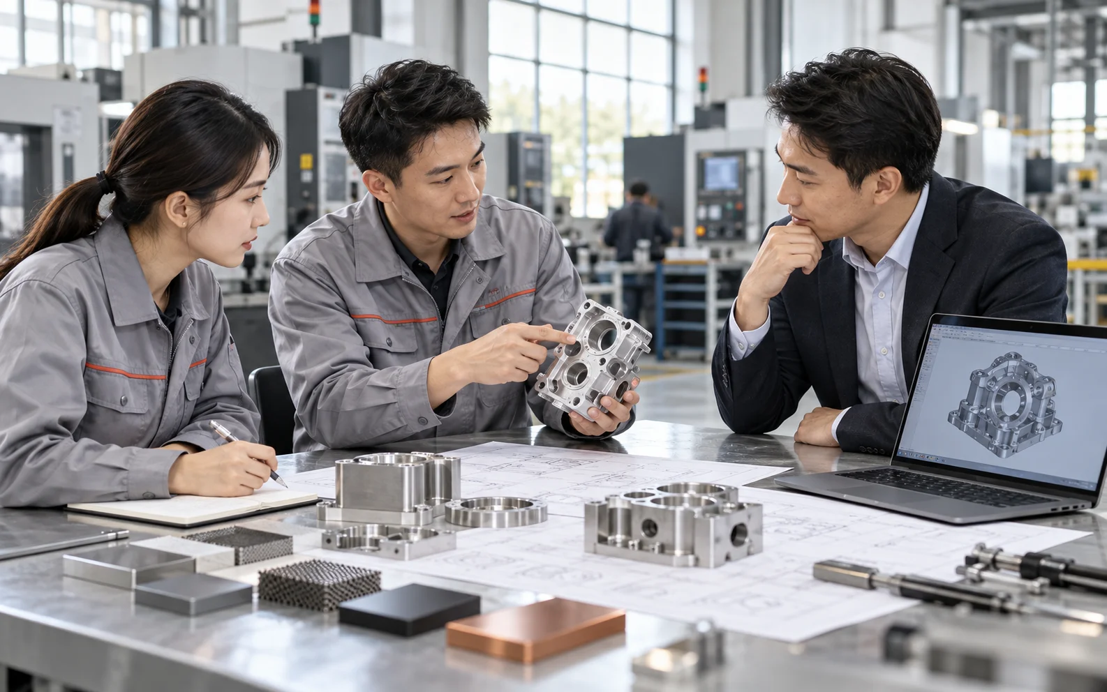 Engineers and a business client reviewing CAD, drawings and a physical prototype to begin a manufacturing project
