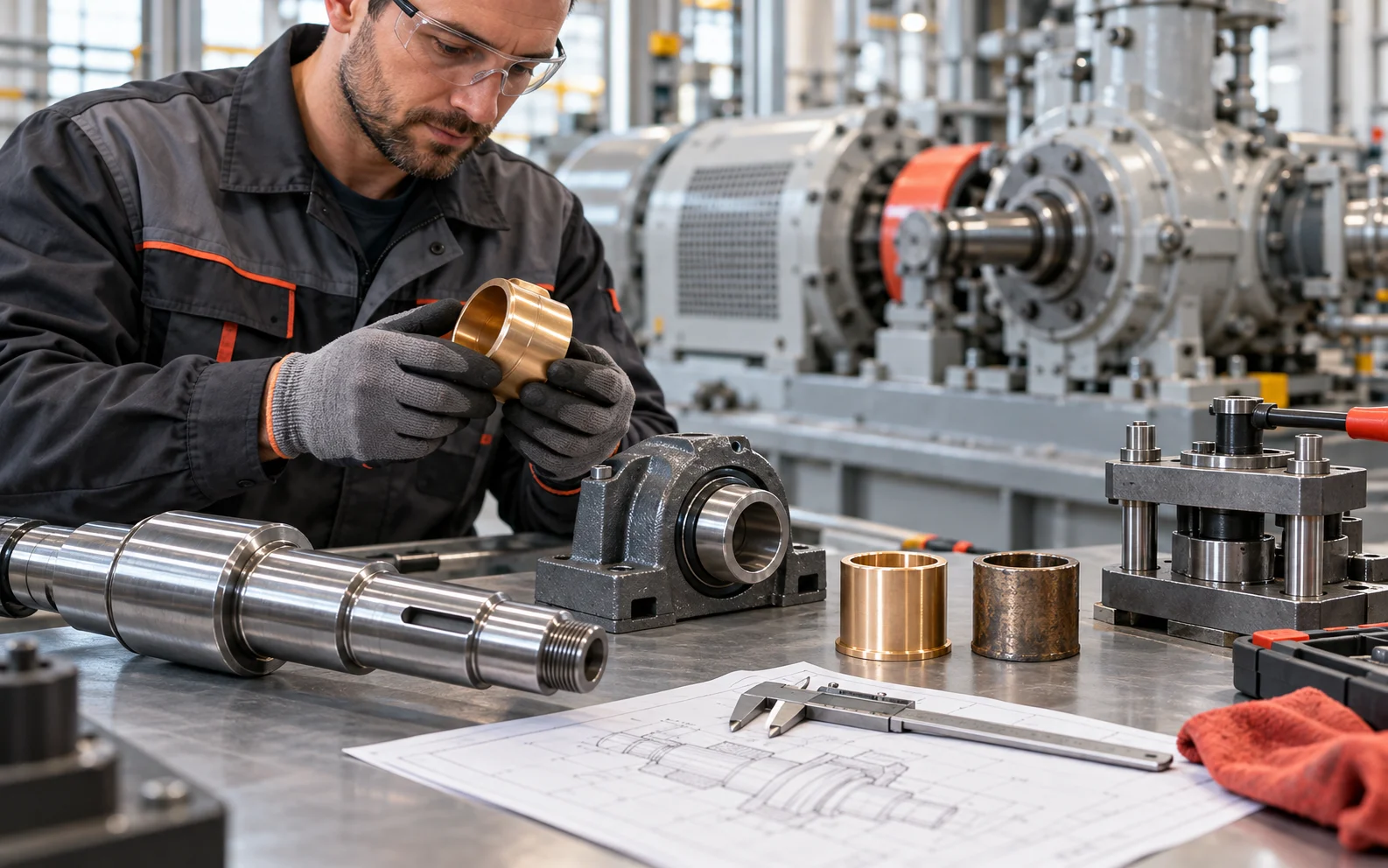 Maintenance technician reviewing prepared replacement shafts, bushings and bearing components beside production equipment