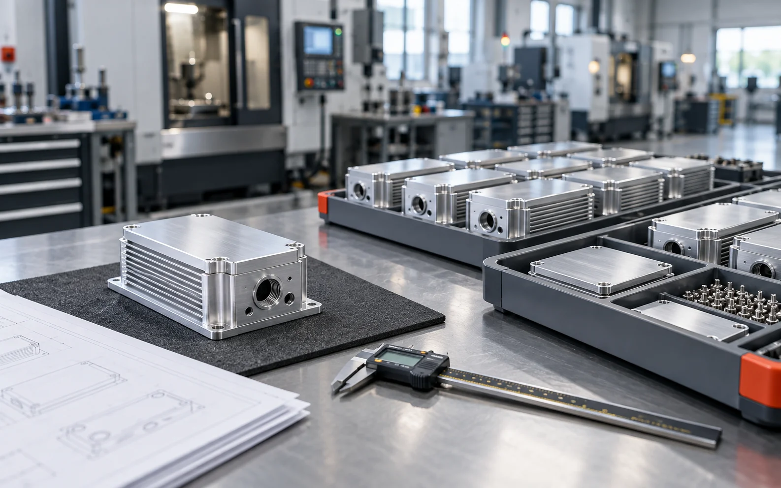 Machined aluminum first article beside engineering drawings, inspection caliper and organized production batches in a CNC workshop