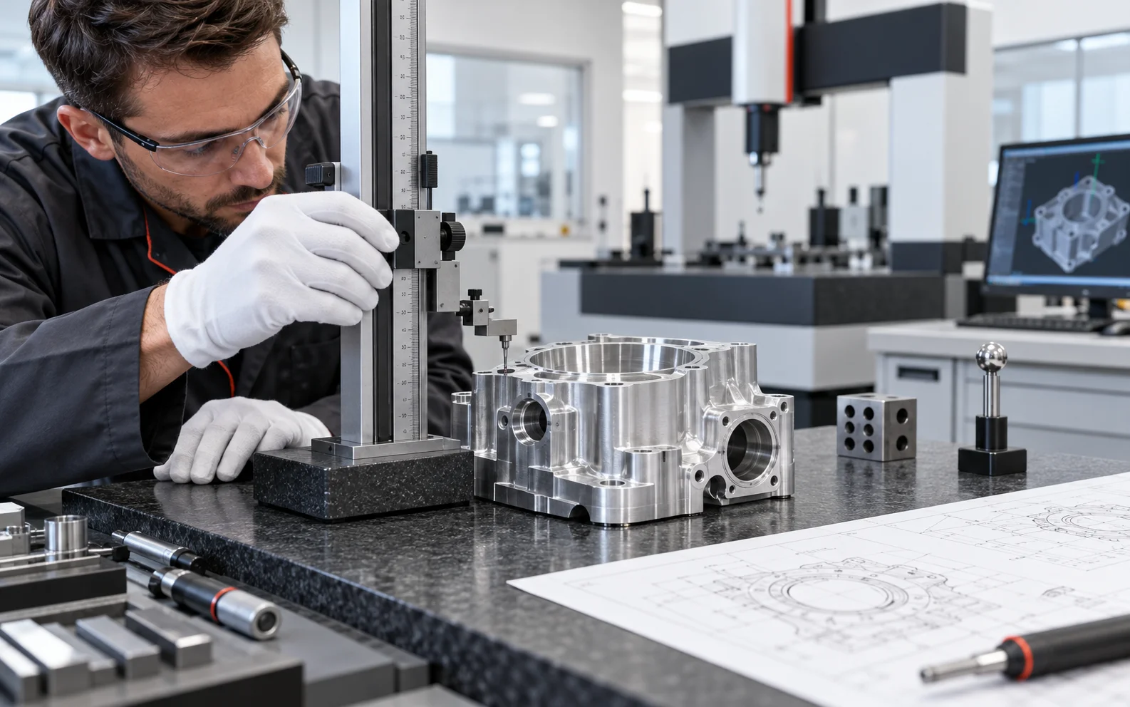 Quality technician inspecting a machined housing against an engineering drawing in a metrology laboratory