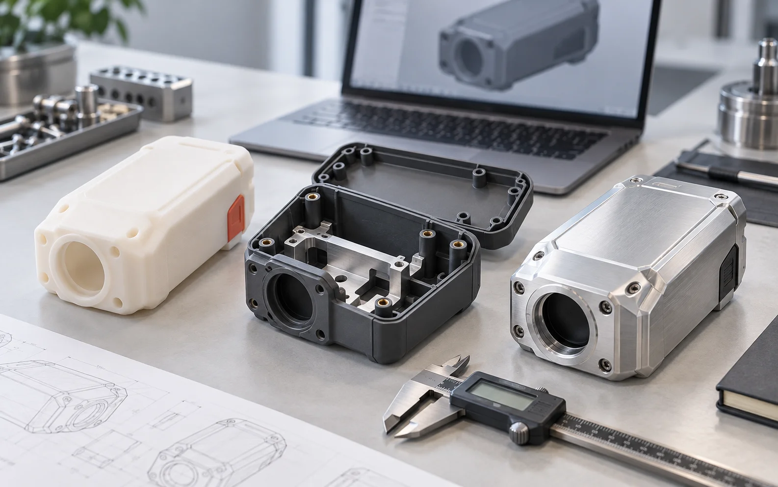 Appearance, assembly-fit and machined functional prototypes of an instrument enclosure beside a CAD model and digital caliper