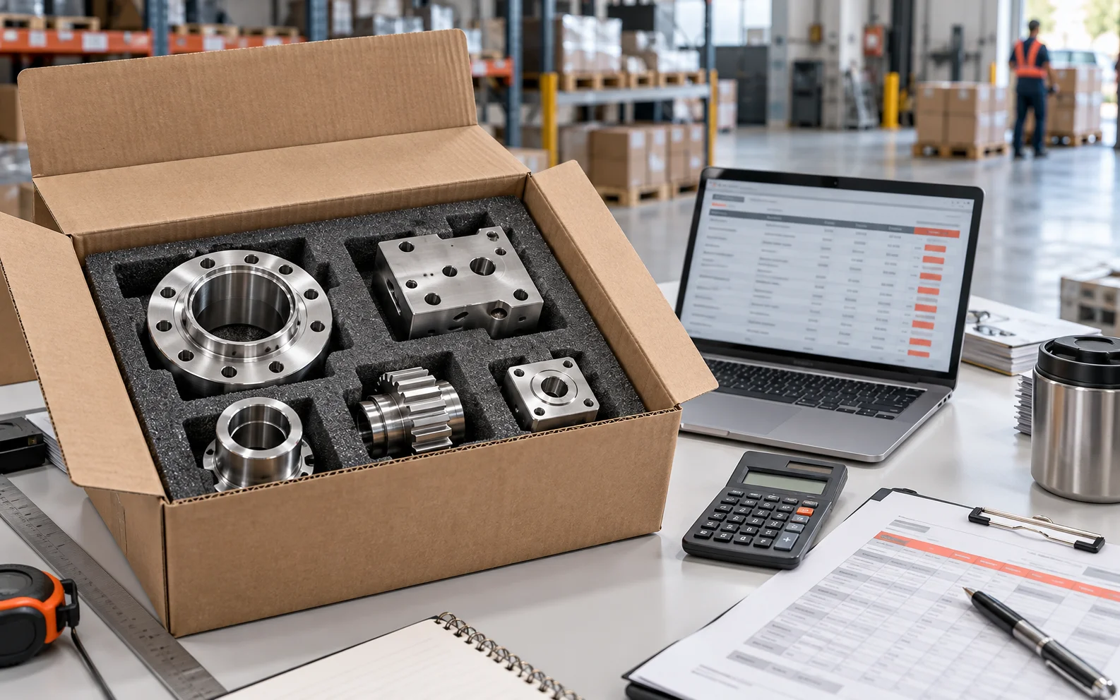 Protected machined components prepared for export beside shipping cost records and a calculator
