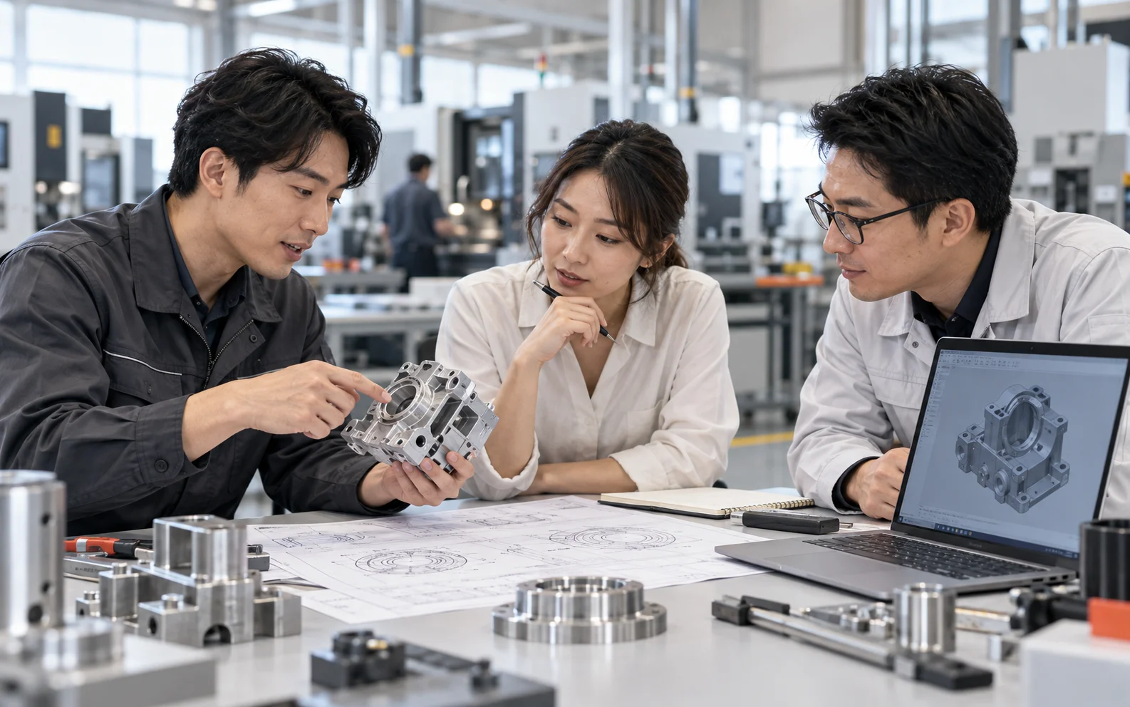 Engineering, purchasing and quality professionals reviewing a machined part, CAD model and drawings together
