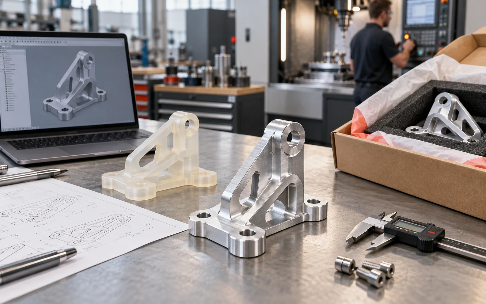 A matching CAD design, resin prototype, machined bracket and protected shipment showing the manufacturing journey