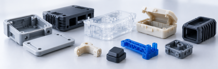 DLP resin printed electronic housing samples in different