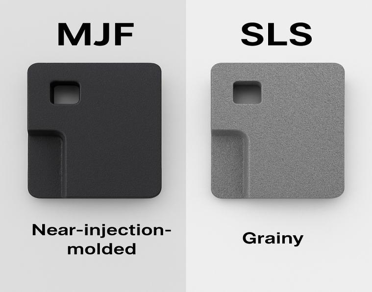 Side-by-side comparison of MJF vs SLS 3D printed nylon surface finishes showing near-injection-molded vs grainy texture.png
