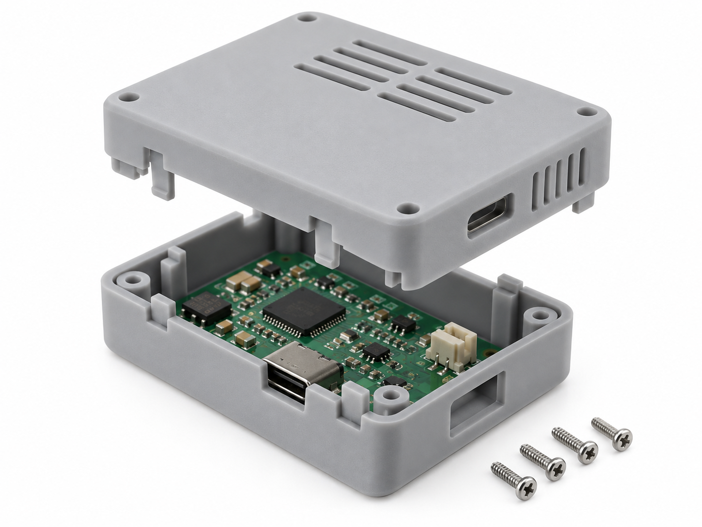 DLP resin printed electronic housing prototype with PCB and snap-fit enclosure.png